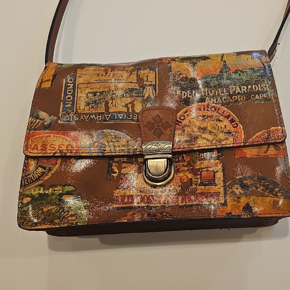 Patricia Nash Brown Multi-Color Travel Stamp Shoulder Bag 9"x7" - Picture 2 of 12